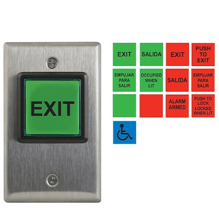 Camden Camden:  LED illuminated exit switch English and Spanish insert labels, 12V - 28V LED Illuminated CMD-CM-30U